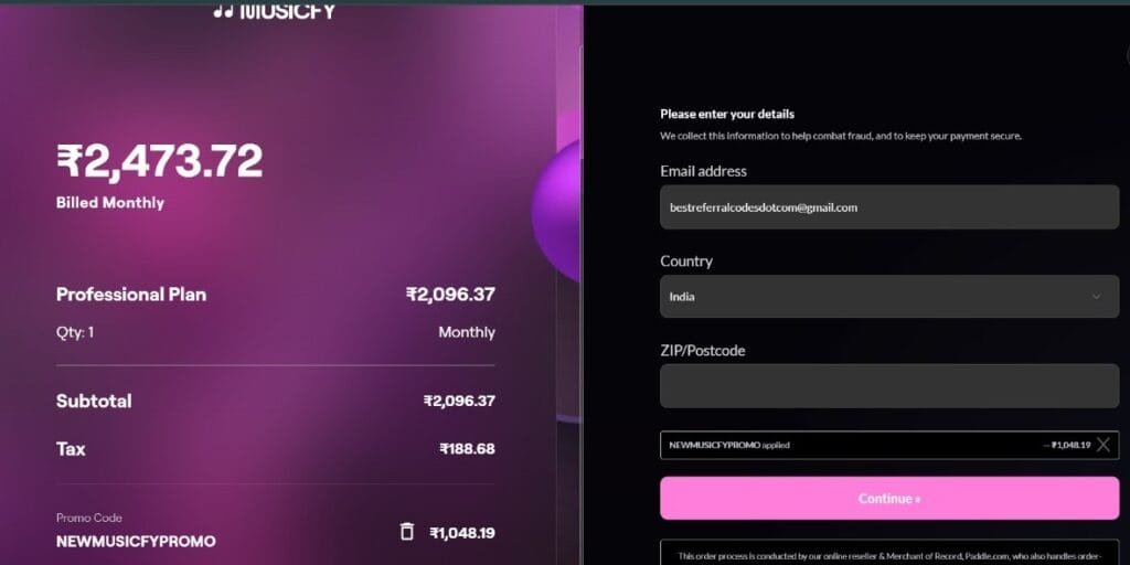 Musicfy Promo Code checkout page
