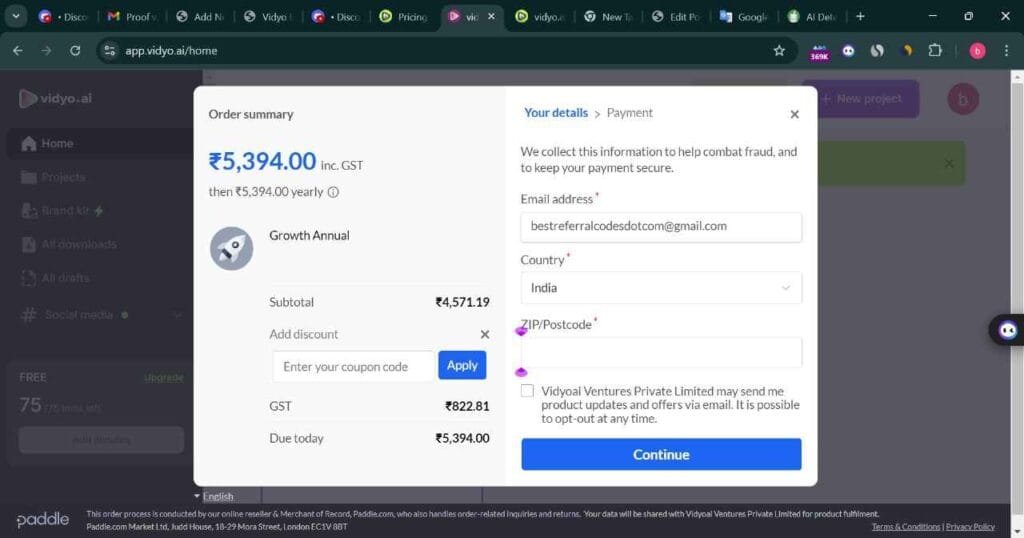 Vidyo Promo Code checkout page